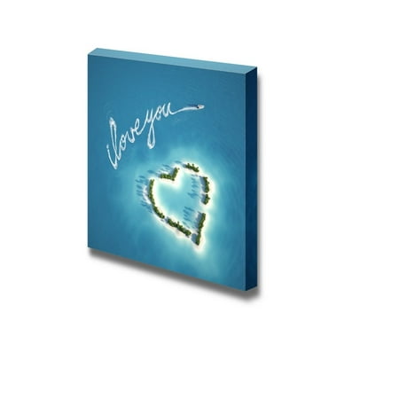 Boat Writing a Romantic Love Message with the Trail on the Water near a Heart Shape Island - Canvas Art Wall Decor - 12
