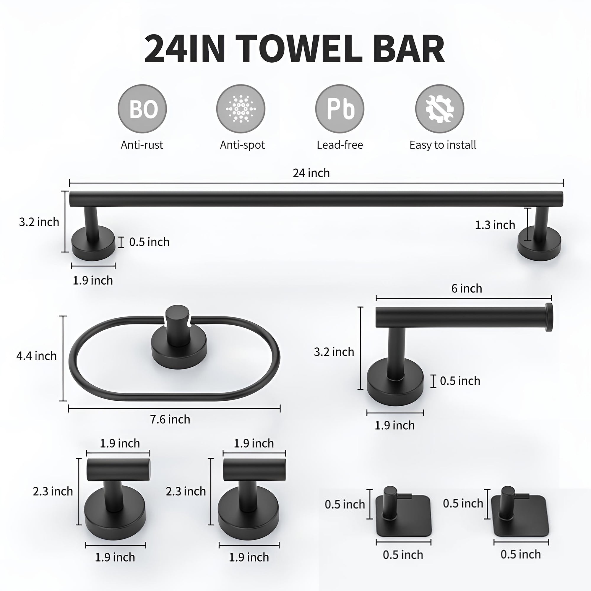 INSMART 7 PCS Bathroom Hardware Set,Black Stainless Steel Bathroom Tower Rack Set Wall Mounted,Includ Towel Bar, Towel Ring Towel Hook and Toilet Paper Holder