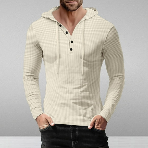 BADHUB Men's Causal Pullover Hoodie Button Up Lightweight Sweatshirt Long Sleeve Solid Color Hooded Tops Slim Fit on Clearance Khaki,XXXL