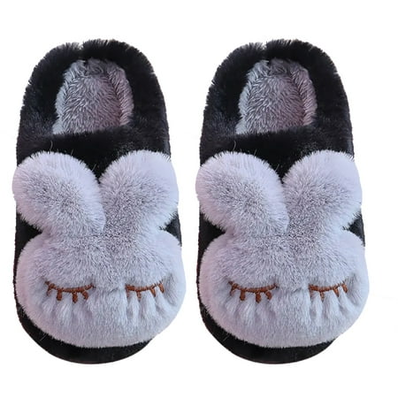 

EUBUY Winter Warm Furry Bunny Slippers Cute Cosy Fluffy Indoor Household Cotton Shoes Black Grey for Size 26/27