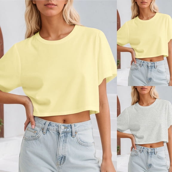 Trendfront Womens Summer Crew Neck Short Sleeve Tops Cropped Length Solid Color Plain Tees Casual Everyday Fashion Style T-Shirts