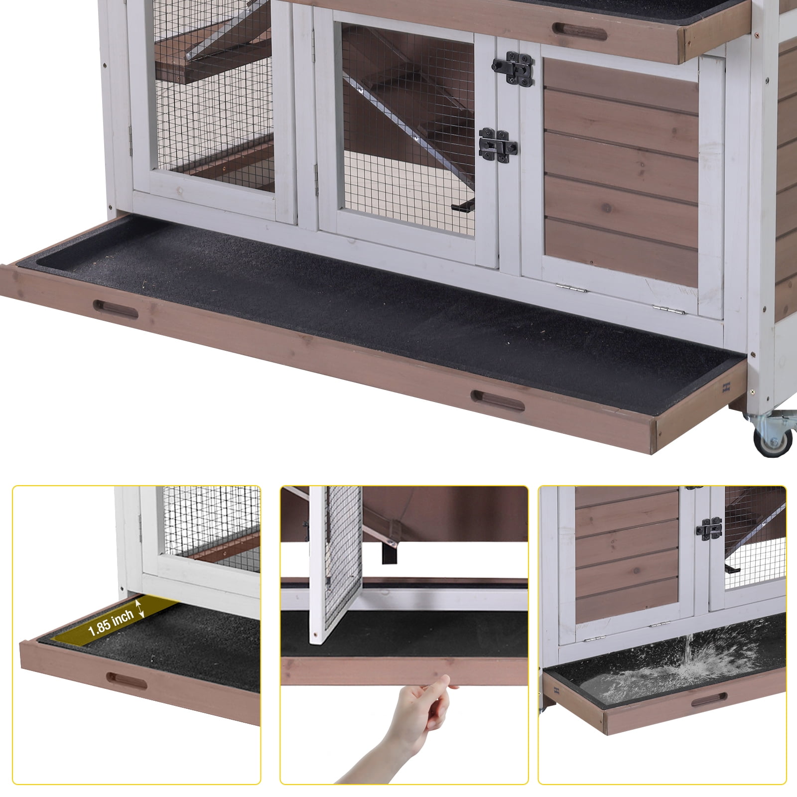 Aivituvin Rabbit Hutch Indoor Bunny House Guinea Pig Cage with Sliding Plastic Trays, Wheels & Ramp, 47.2" Multi-Door Wooden Small Animal Cage for Rabbits Bunnies, and Guinea Pigs, Brown