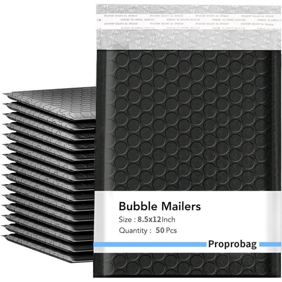8.5 x 11 Bubble Mailers 50 Pack - Outer Size 9x12 Heavy Duty Black Padded mailer with Self Seal, Waterproof Shipping Envelopes, Bubble Wrap Protection for Ecommerce, Non See Through