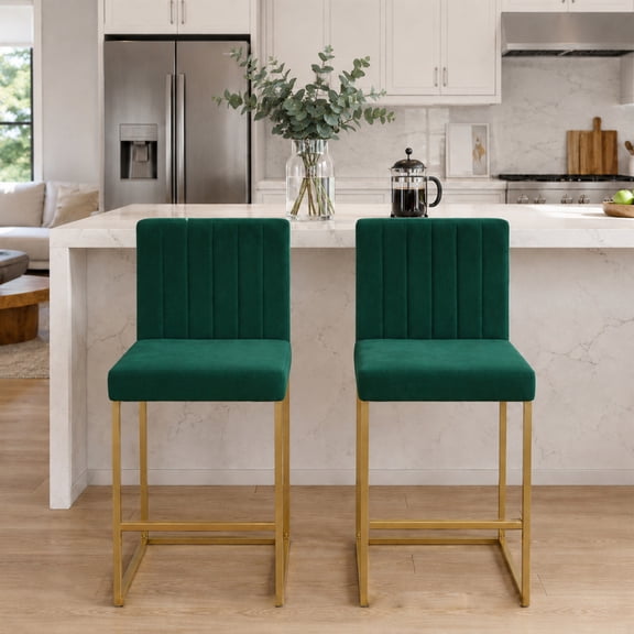 25.6" Counter Height Bar Stools Set of 2 with Velvet Cushion & Back, Green & Gold Modern Bar Chairs with Metal Legs for Kitchen Island Dining Room Office