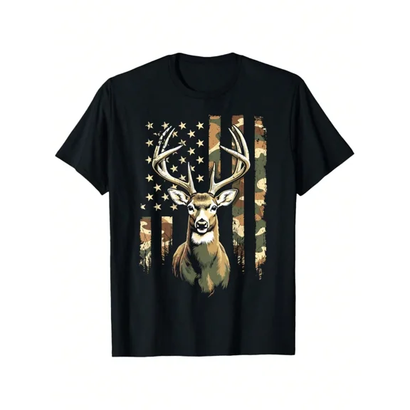 Men's Deer Hunting T-Shirt American Flag Camo Buck Wildlife Graphic Tee