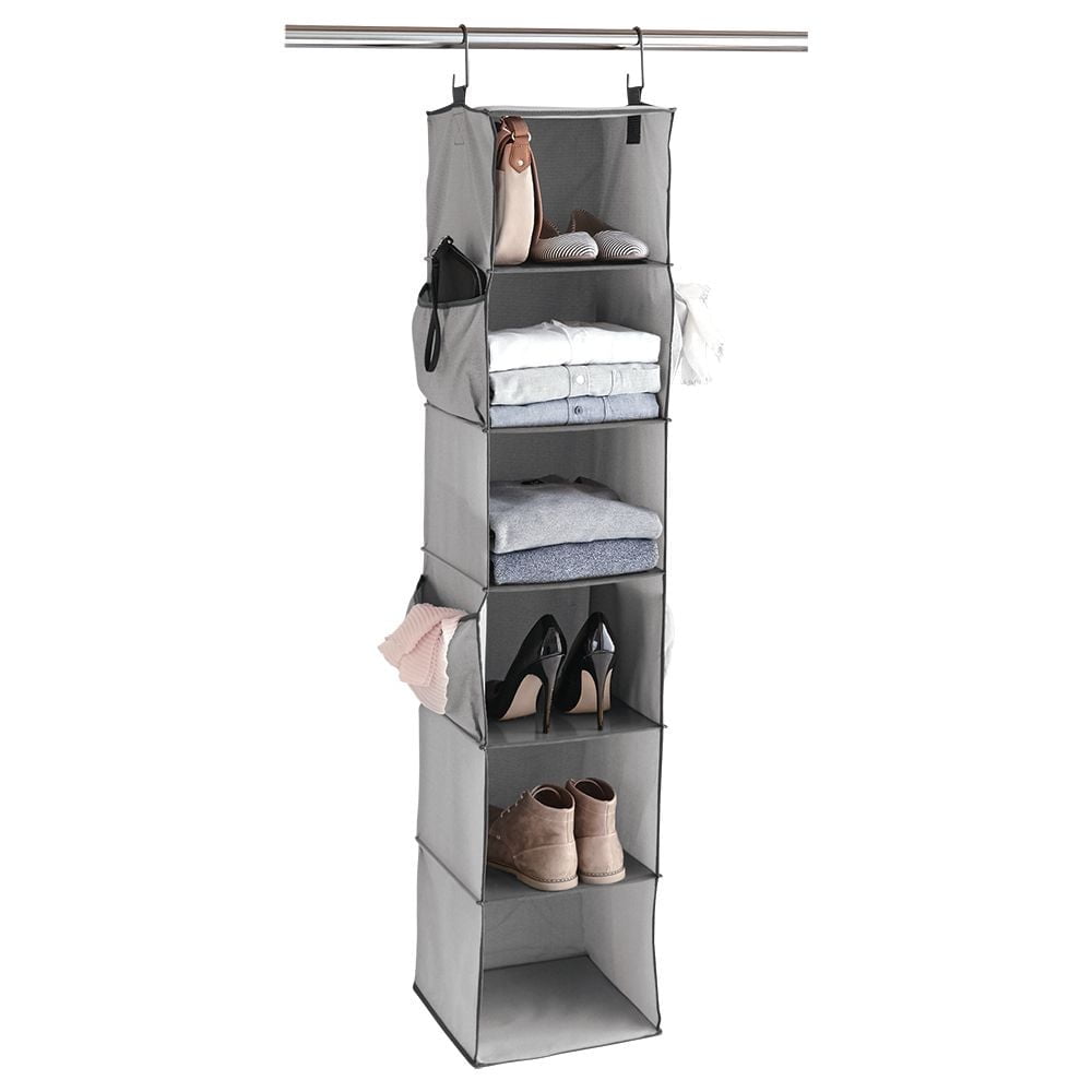MAINSTAYS Fabric 6-Shelf Closet Organizer, Shelves Hanging Organizer 6 - Layer Collapsible Hanging Closet Organizer with 4 Side Pockets Closet Hanging Shelves ,Gray, Product assembled size: 12 " W x 12 " D x 54 " H