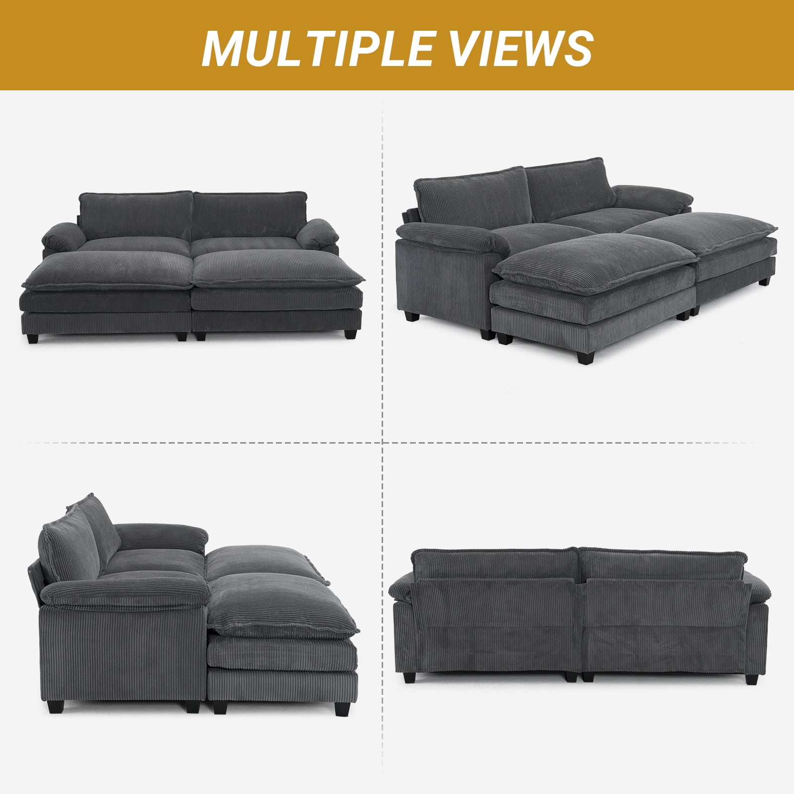 Zimtown 90“ Sofa Bed Couch with Pillow Arms and Double Layer Cushions, Corduroy Loveseat Sofa with Removable Ottoman for Living Room, Gray