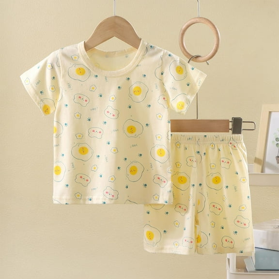 Spazoro Toddler Girls Pajamas Sets, 2-Pieces Cotton Summer Graphic Print Short Sleeve Shirt and Shorts Sets Beige Size 0 T