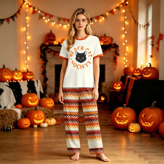 Halloween Family Matching Pajamas Short Sleeve Black Cat Print Top Geometric Pattern Long Pants Family Sleepwear Set