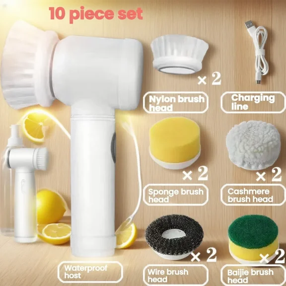 2025 Newest 10-Piece Electric Cleaning Brush Set - 360° Rotating Multi-Surface Scrubber, Rechargeable Waterproof Cleaner for Kitchen/Bathroom (9 Upgraded Brush Heads)