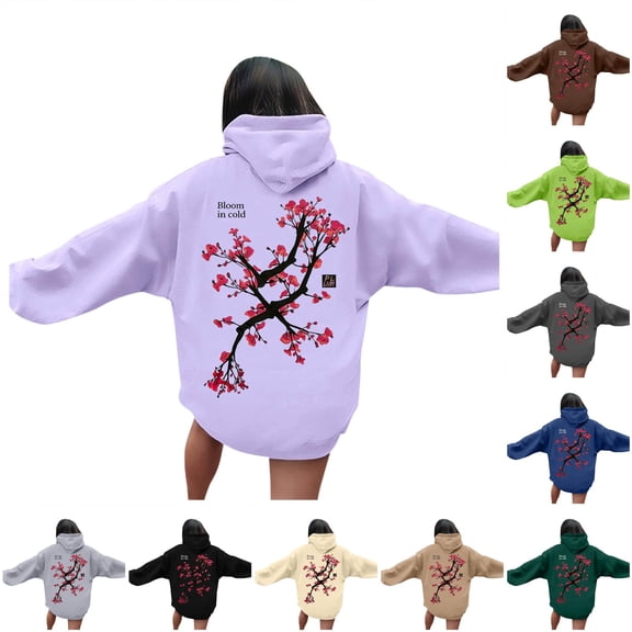 DHFJKG Womens Oversized Hoodies Floral Print Long Sleeve Sweatshirts Drawstring Pullover Tops Casual Fall Clothes