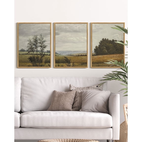 Drsoum Vintage Landscape Wall Art Grassland Wall Prints Classic Retro Farmhouse Rustic Decorations for Living Room Bedroom 11x14in3pcs Natural Framed