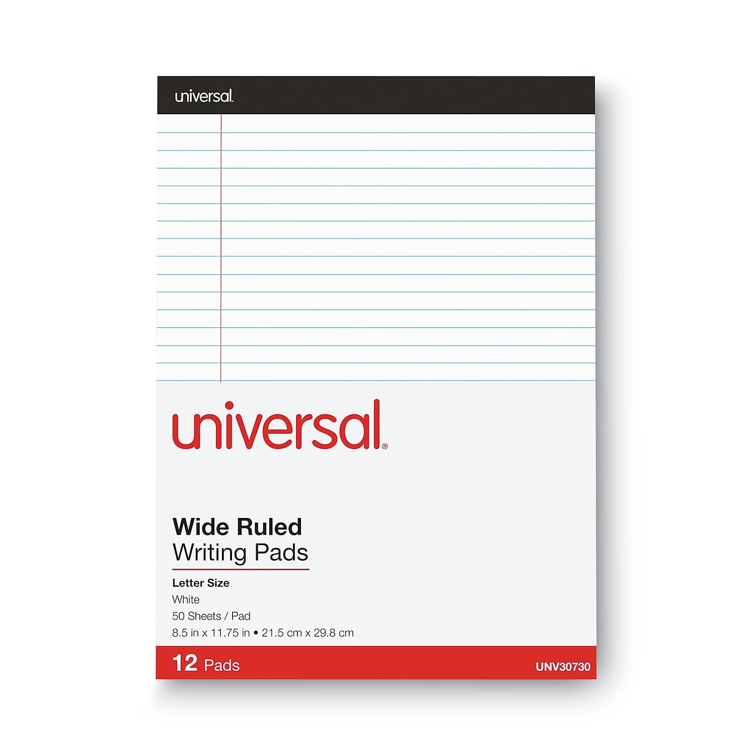Universal Premium Ruled Writing Pads, Wide/Legal Rule, 8.5 x 11, White, 50 Sheets, 12/Pack -UNV30730