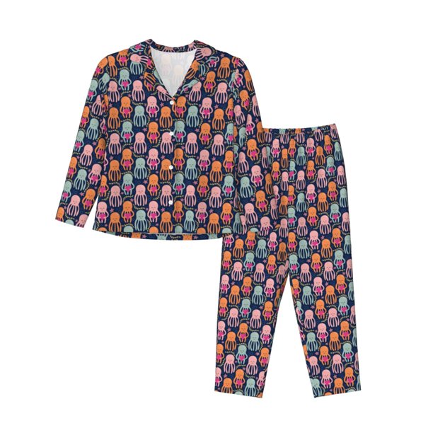 Balery Octopus in love Conjunto de Pijama con Estampado para Mujer, Conjunto de Dos Piezas con Manga Larga, Ropa de Dormir Suave con Bolsillos, Pijamas Cómodos-Small