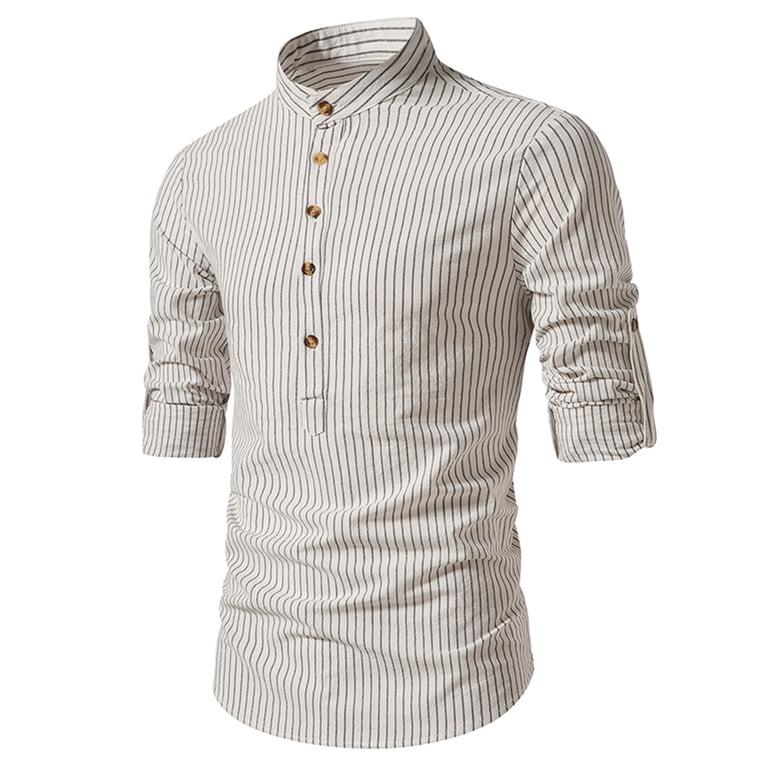 JUUYY Mens Casual Banded Collar Stripe Dress Shirts Long Sleeve