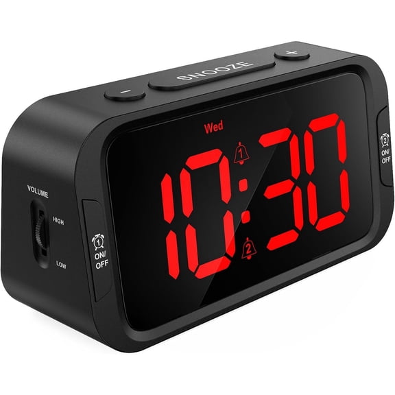 Digital Dual Alarm Clock for Bedroom, Easy to Set, 0-100% Dimmer, USB Charger, 5 Sounds Adjustable Volume, Weekday/Weekend Mode, Snooze, 12/24Hr, Battery Backup, Compact Clock for Bedside(Red)