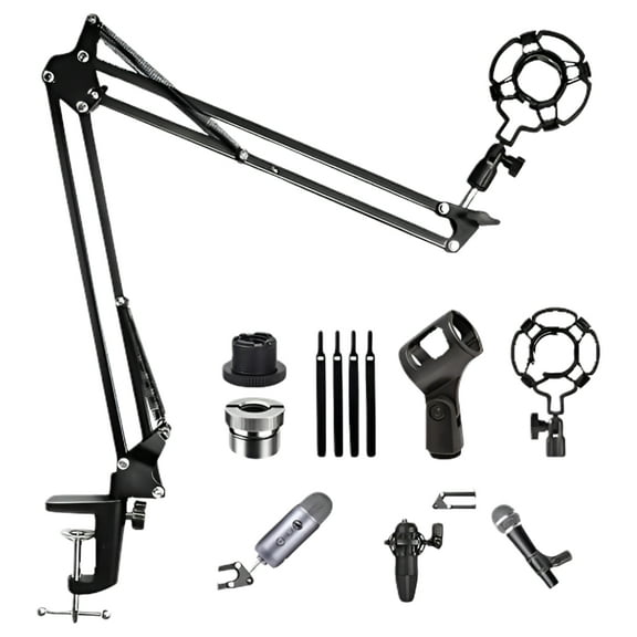 Upgraded Adjustable Microphone Suspension Boom Scissor Arm Stand with Shock Mount Mic Clip Holder 3/8 to 5/8 Screw Adapter -for Blue Yeti, Snowball & Other Microphones (stand with adapter)