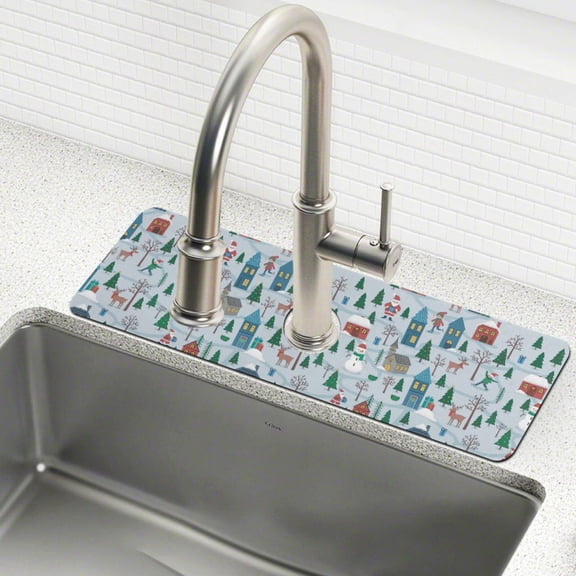 Yayeee Faucet Mat for Kitchen Sink 14.7" Diatomite Long Splash Guard Pad, Snowy Christmas Pattern