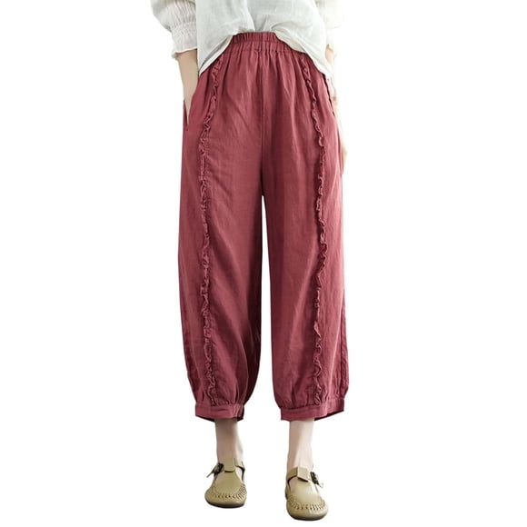 LUOGENLI Female Casual Pants Vintage Women's Lace Trimmed Linen Harem Pants Casual Loose Breathable Trousers for Summer Comfort Women Business Casual Pants Relaxed Fit Red L