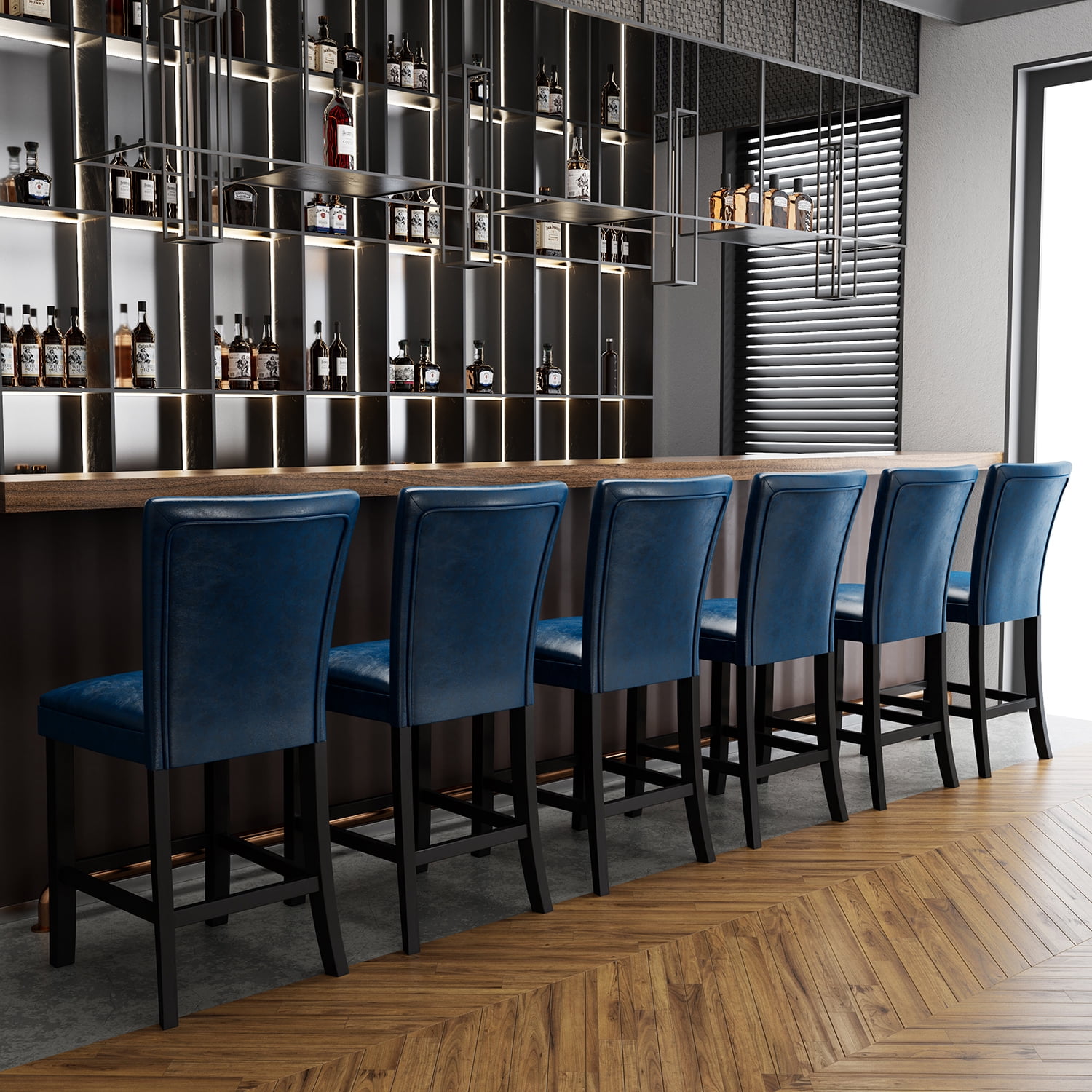 BAXMUY Set of 4 Counter Height Bar Stools, 25.6" Seat, Dark Blue, Solid Wood & Faux Leather Bar Chairs for Kitchen Island & Home Bar