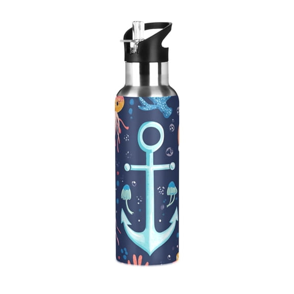 Yayeee 20oz Insulated Water Bottle Double Wall Stainless Steel with Flip Straw Lid, Blue Anchor
