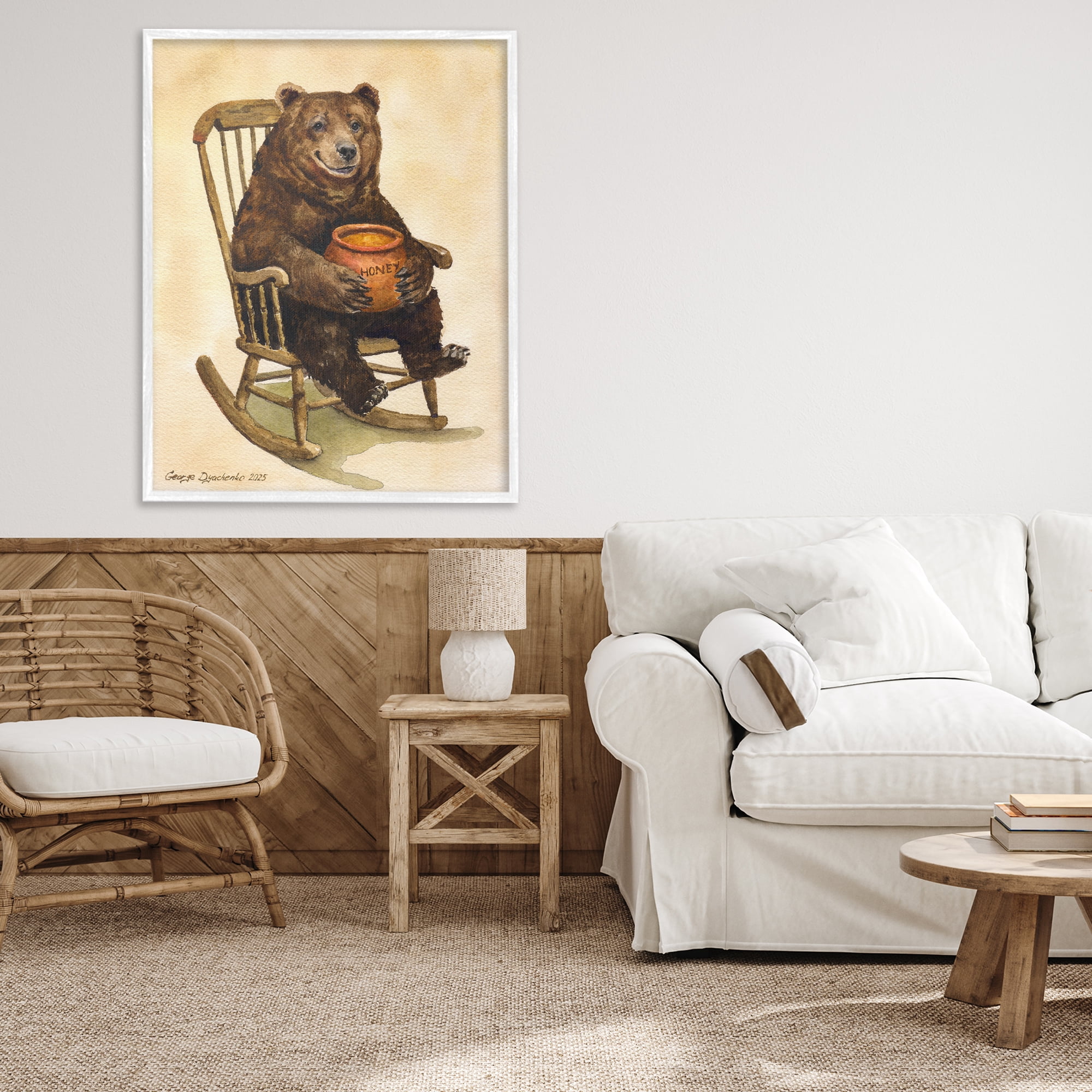Stupell Industries Happy Bear & Pot of Honey White Framed Giclee Art, design by George Dyachenko