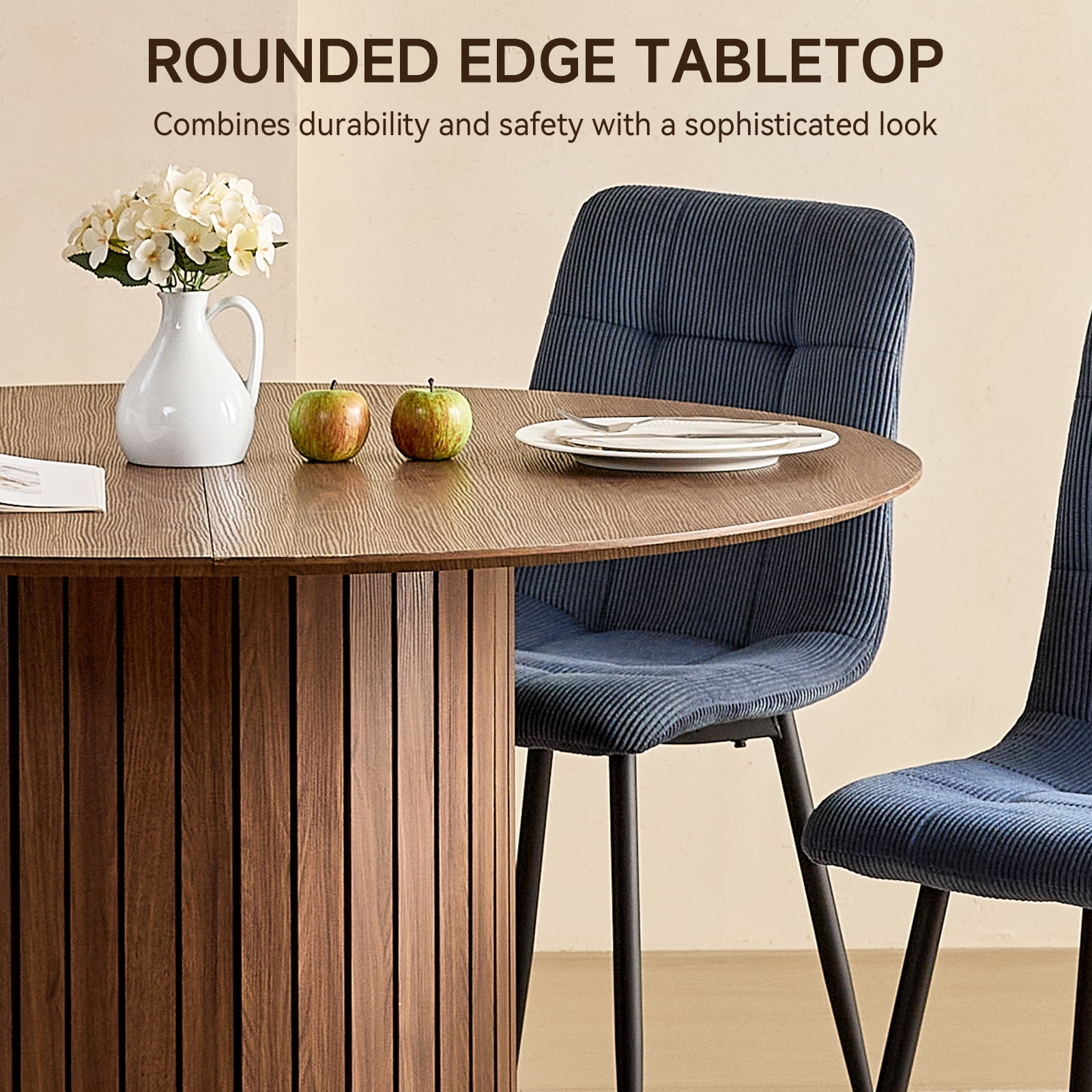 47" Round Dining Table Set of 4 Brown, Blue Corduroy Dining Chair Set of 4