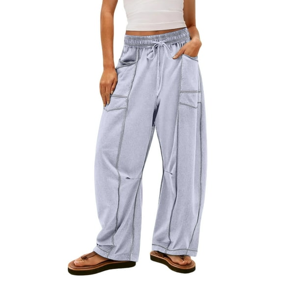 Resicozy Barrel Sweatpants Women Casual Elastic Drawstring Waist Wide Leg Sweatpant with Pockets Lounge Baggy Pants Gray L