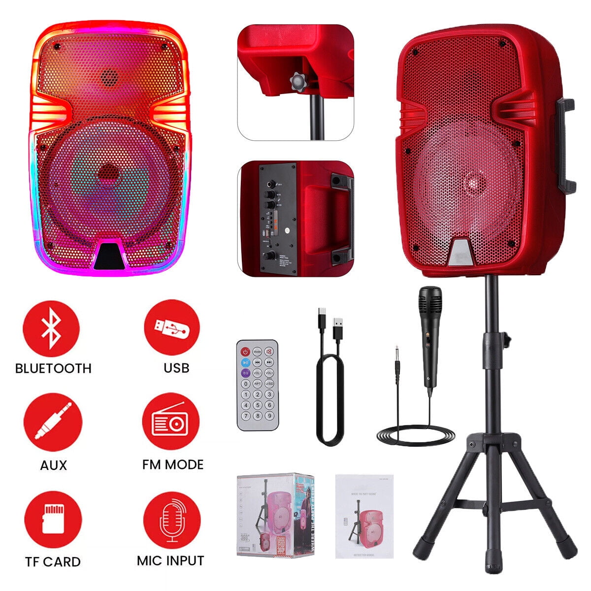 Portable Bluetooth Speaker 8" Woofer w/ Tripod Stand Microphone Remote Control Red LED, Clear Shell