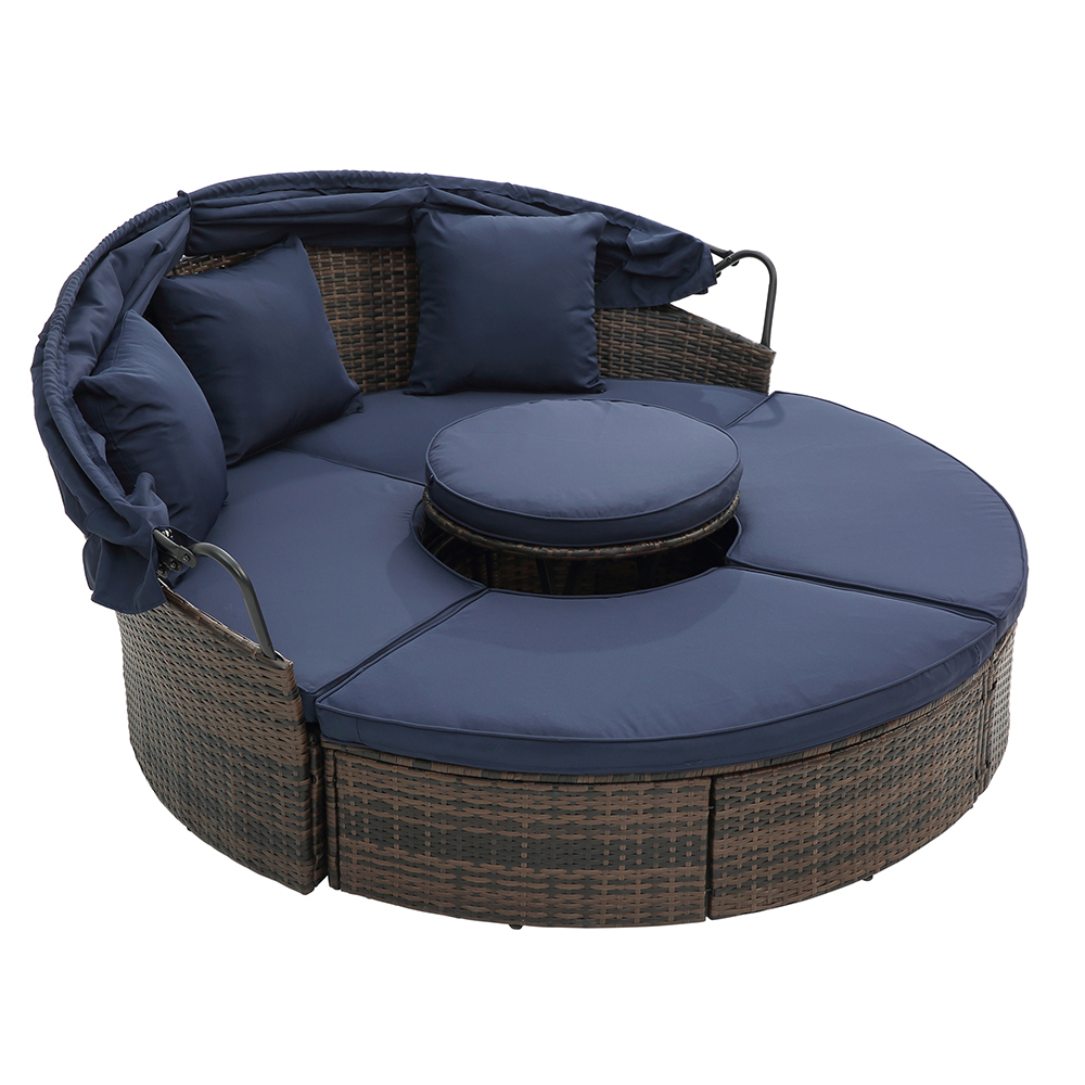 Outdoor Wicker Daybed, 5 Piece Patio Round Wicker Sectional Sofa Set with Retractable Canopy, All-Weather Patio Conversation Furniture Sets with Cushions for Backyard, Porch, Garden, Poolside, L3530 - image 3 of 9