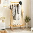 thumbnail image 2 of Hyxoo Bamboo Clothing Rack, 65.5” Clothes Rack with Top Hanging Rod, Rattan Shelf & 5 Copper Hooks, Large Garment Rack, Cloth Hanger Standing Organizer for Coats, Bags & Shoes (Natural), 2 of 10