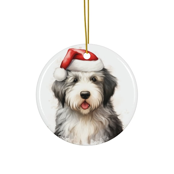 DistinctInk Hanging Ceramic Christmas Tree Ornament with Gold String - Great Gift/Present - 2 3/4 inch Diameter - Old English Sheepdog Puppy Drawing Design