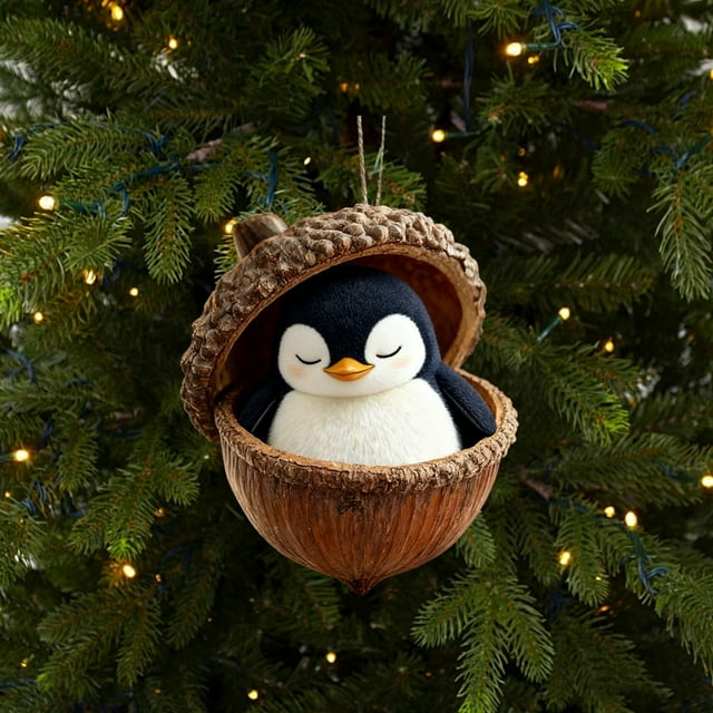 Uklsqma Forest Christmas Ornaments Set of 9 | Handmade Resin Animal Acorn Decorations with Hedgehog Raccoon Penguin Designs | Durable Realistic Textured Hanging Tree Accents for Holiday Decor Gifts