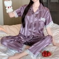 thumbnail image 2 of BaoFuBaoMei Satin Pajamas for Women Plus Size 2 Piece Short Sleeve Button up Lounge Set Collared Top and Pants Pjs Lace Trim Striped Sleepwear, 2 of 6