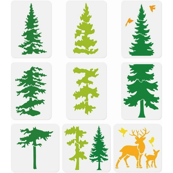 9Pcs Spliced Christmas Pine Trees & Deers Large Wall Stencils A4 Size Plastic Reusable Tree Templates