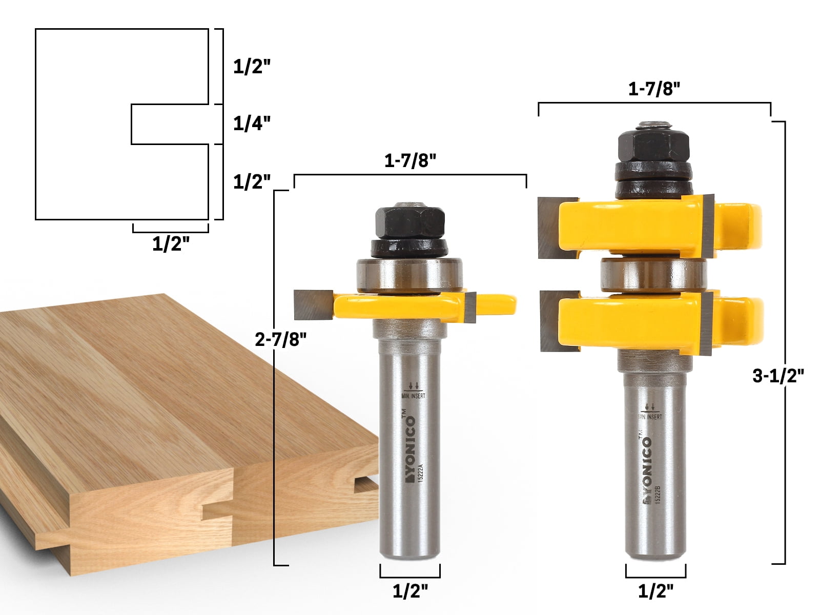 2x 1/4'' Shank 3 Teeth Matched Tongue and Groove Router Bit Woodworking Router 