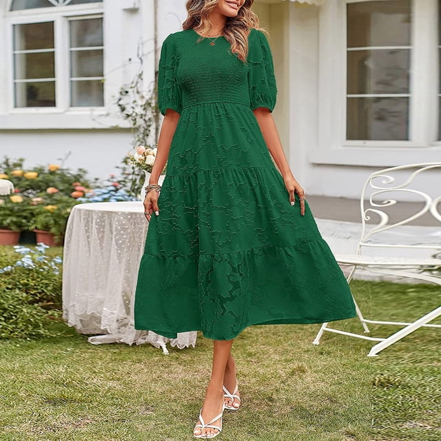 Robes pour Femmes Grande Taille Robe à Col Rond Décontractée à Manches Courtes Unie à Taille Superposée en Mousseline avec Ceinture Robe à Manches Courtes en Liquidation