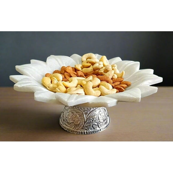 White Marble Lotus Urli Decorative Bowl with Silver Metal Stand, 9 Inches