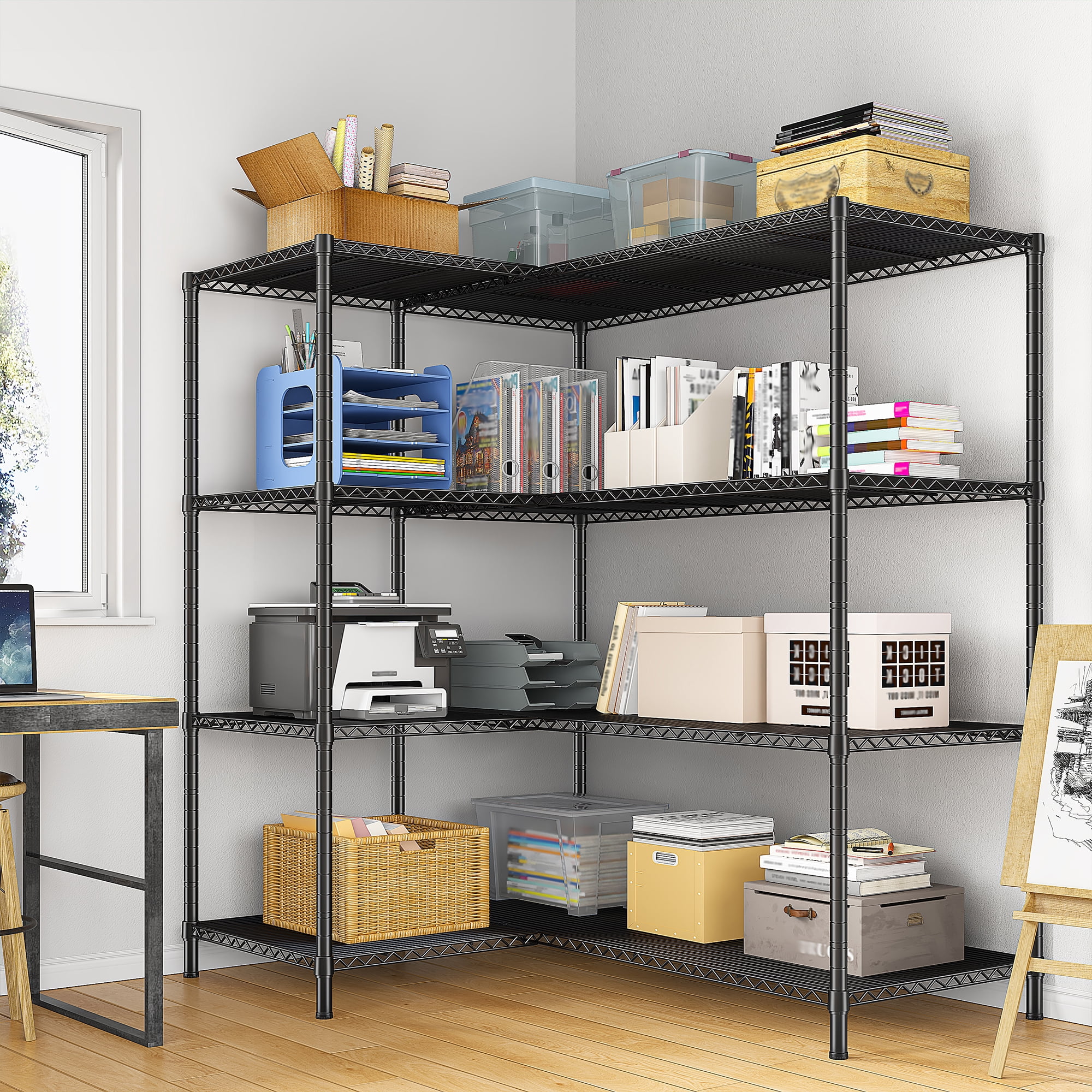 REIBII Heavy Duty 4-Tier Metal Wire Shelving Unit,Adjustable L-Shape Corner Storage Rack for Garage,Pantry,Kitchen,1120 lbs Capacity
