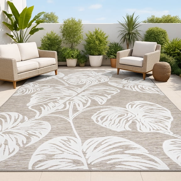 JONATHAN Y HAWAII 4 x 6 Area Rug, Tobago Two-Tone Monstera Leaf - Brown/Ivory, HWC100B-4