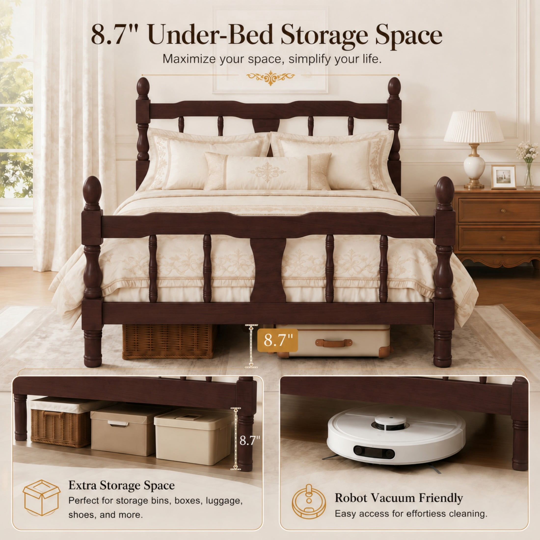 GDF Studio Betty Twin Size Wooden Platform Bed Frame with Spindle Headboard, Traditional Farmhouse Style, Dark Walnut