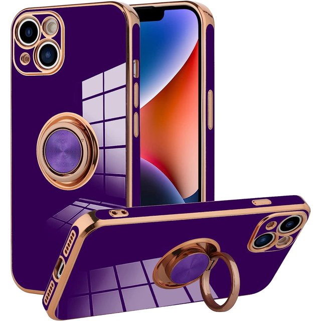 Funda compatible con iPhone 14 Plus de 6,7 pulgadas para mujeres y niñas, con anillo magnético giratorio de 360 grados, soporte de pie, suave, delgada, a prueba de golpes (morado oscuro)