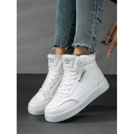 

Letter Patch Decor Lace-up Front Teddy Lined High Top Skate Shoes Women‘s Footwear