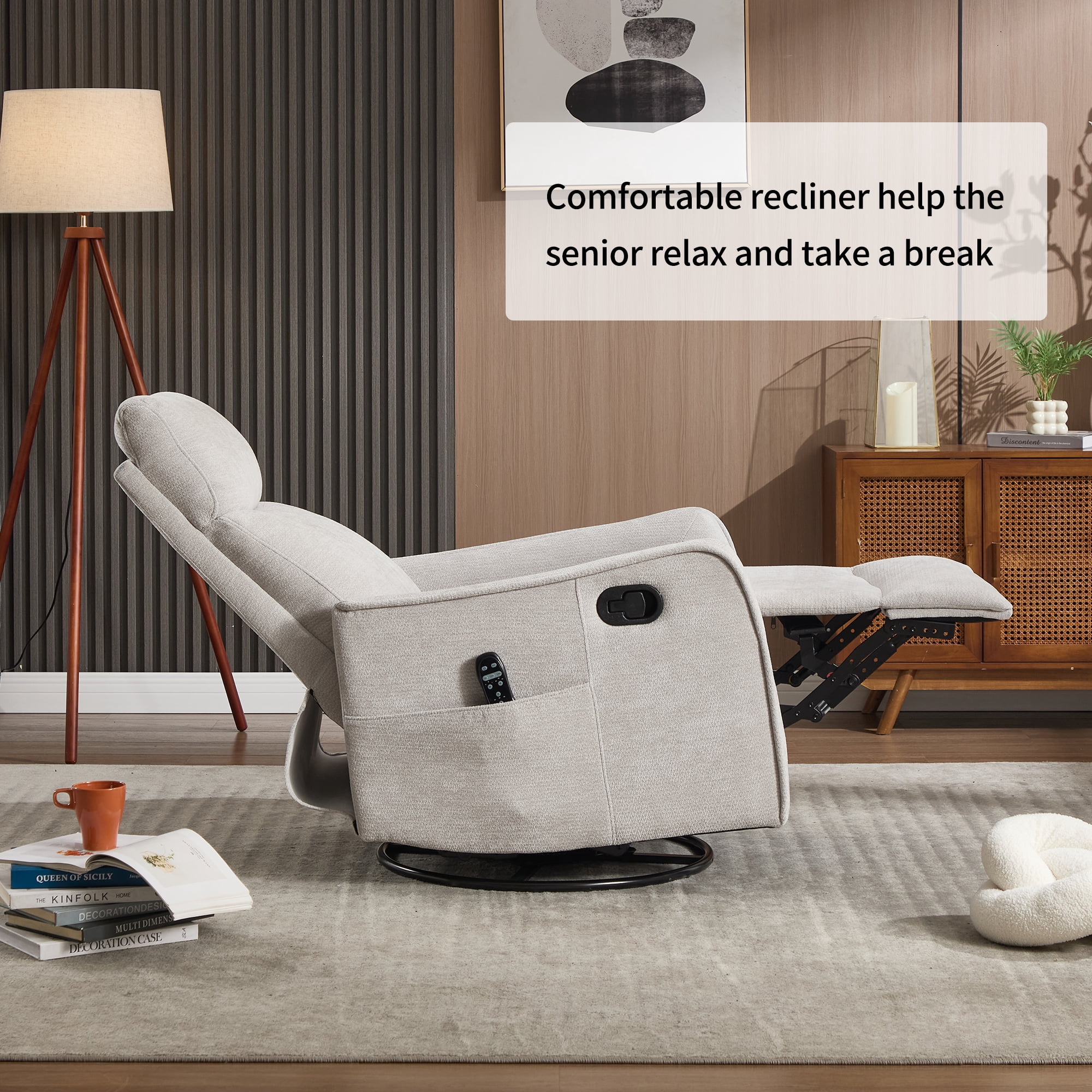 Leumius Manual Swivel Rocker Recliner Chair for Adults,Overstuffed Reclining Glider Chair with Vibration Massage & Heat,Upholstered Recliners with Side Pockets for Living Room,Light Gray Chenille