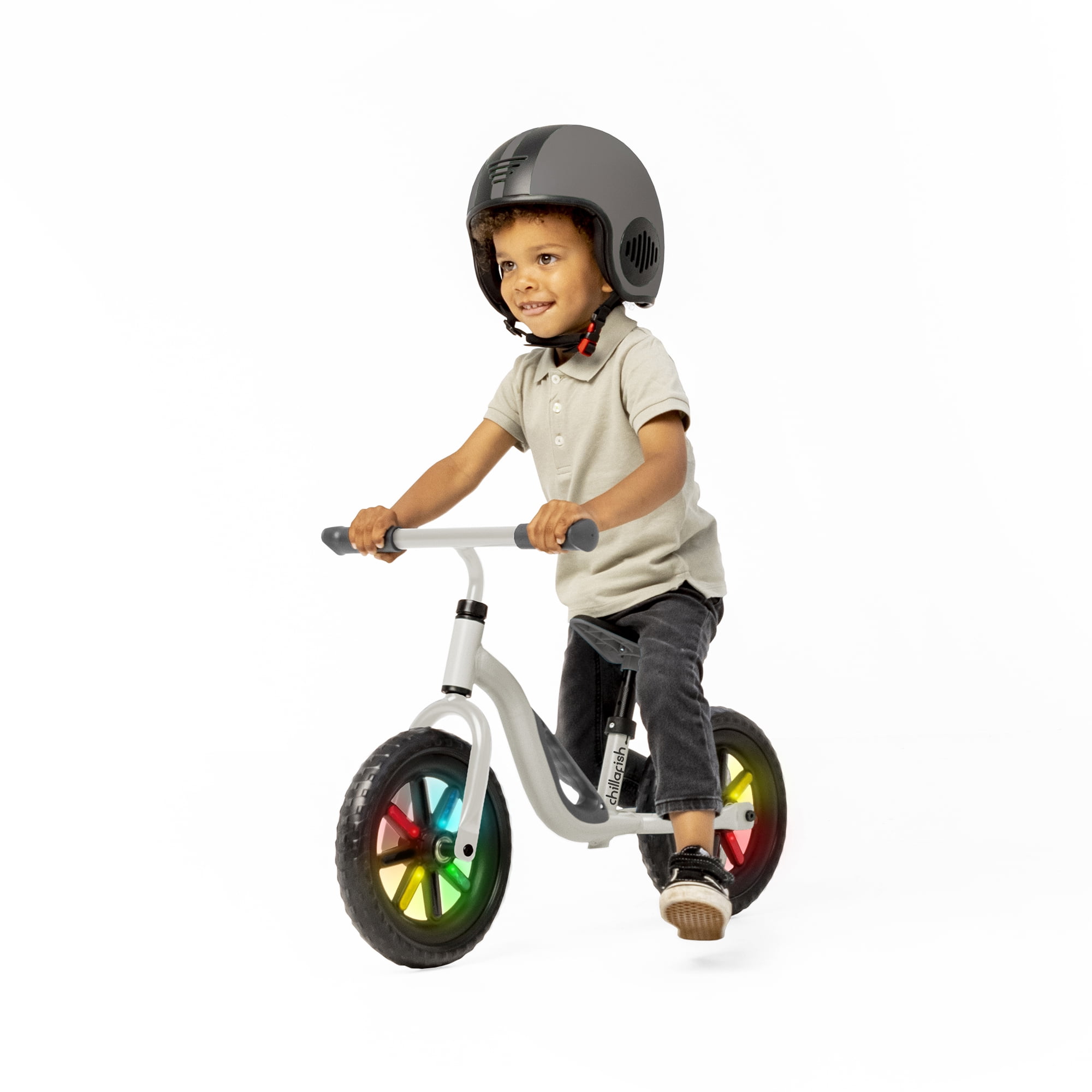 Charlie Glow Lightweight Balance Bike with Carry Handle and Light-up Wheels, Adjustable Seat and Handlebar, and Puncture-Proof 10-inch Tires, Beige