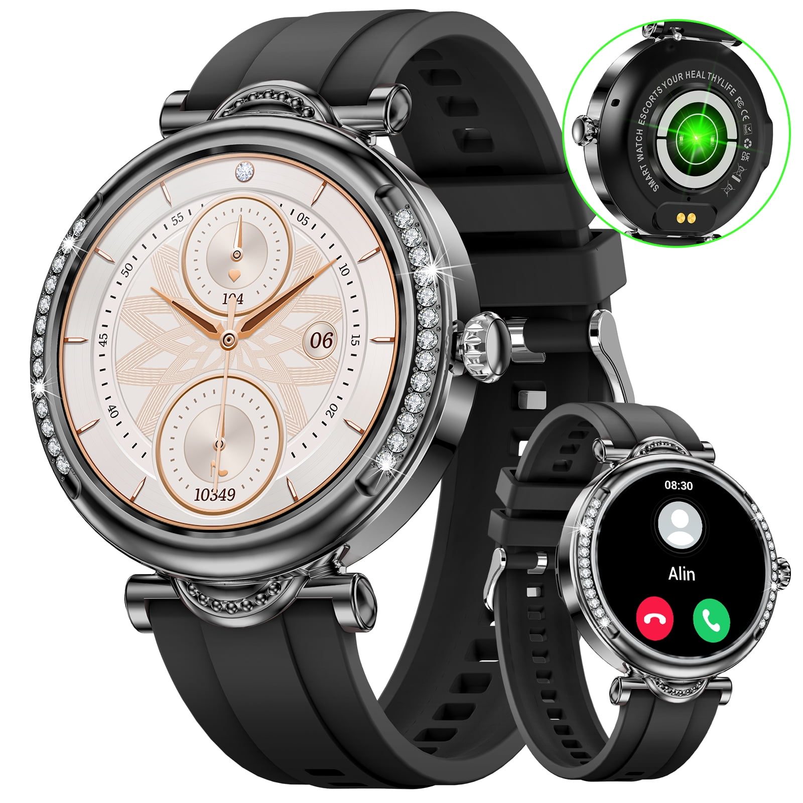 Cyberdyer Smart Watch for Women, 1.27" HD Full Touch Screen Diamond-Studded, Bluetooth Call Answer/Make, 100+ Sports Modes, IP67 Waterproof, Compatible with iOS Android Phones