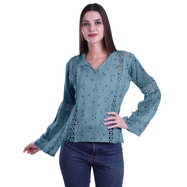 Moomaya Kurta Col Kurta Dentelle Détails Imprimé Manches Longues Tunique