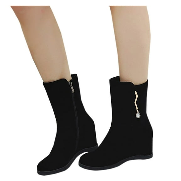 Jsaierl Women's Slouchy High Heel Boots Lace Mid Calf Suede Slip on Wedge High Heels Platform Tassel Dress Shoes for Ladies