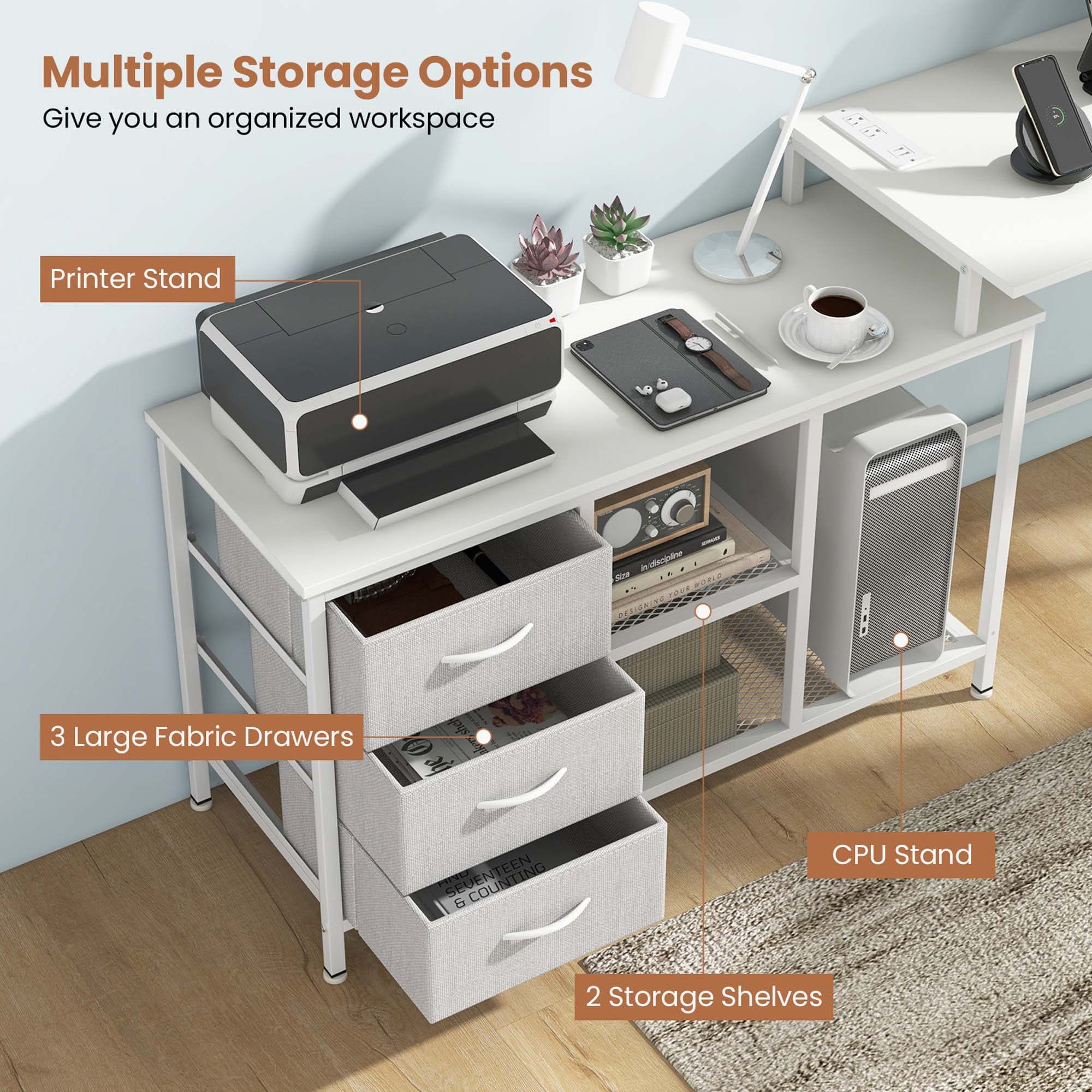 Costway L-shaped Computer Desk with Power Outlet, Fabric Drawers, Metal Mesh Shelves White