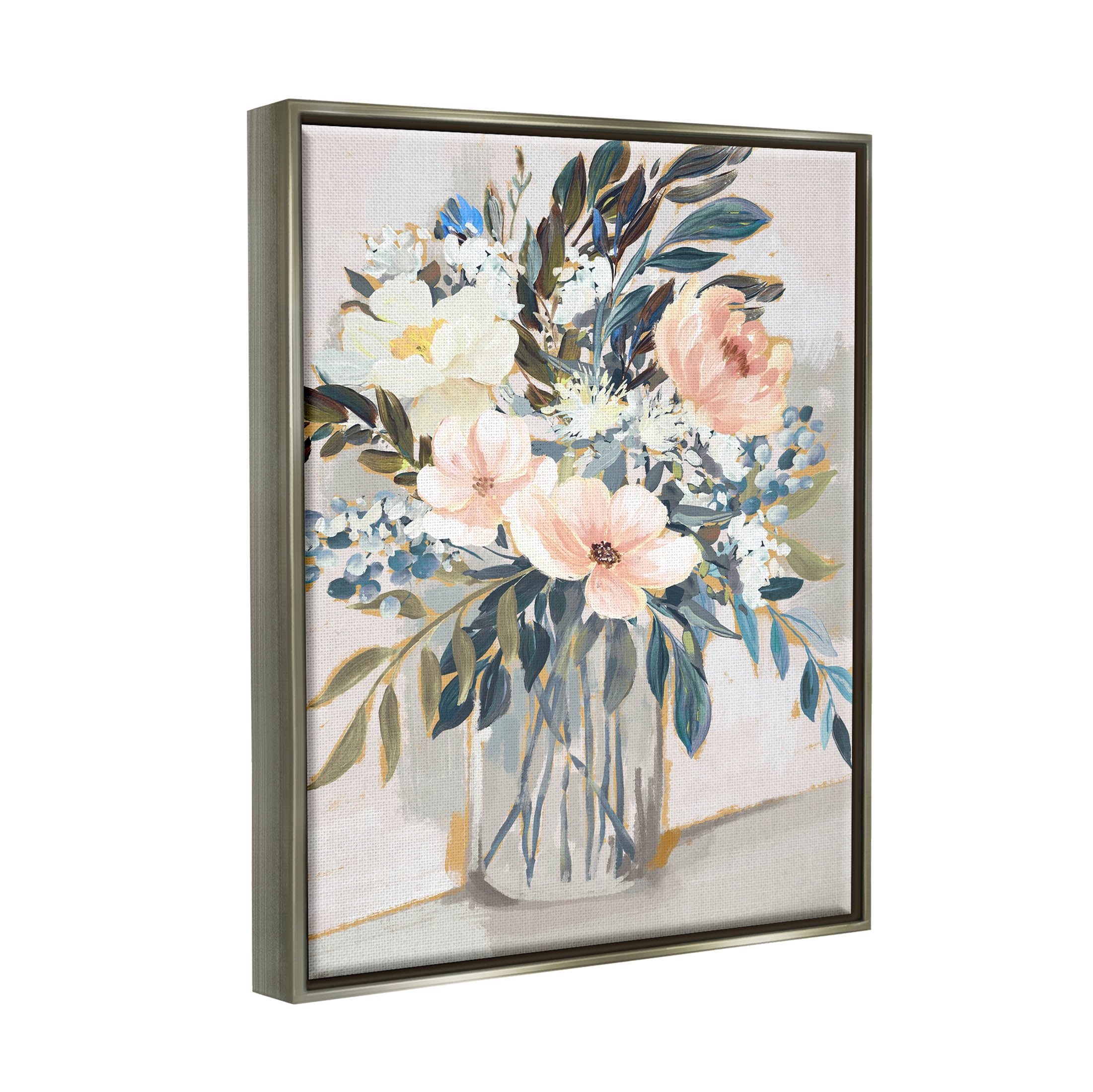Stupell Industries Pink Overflowing Floral Bouquet Painting Luster Gray Floating Framed Canvas Print Wall Art, Design by Nina Blue